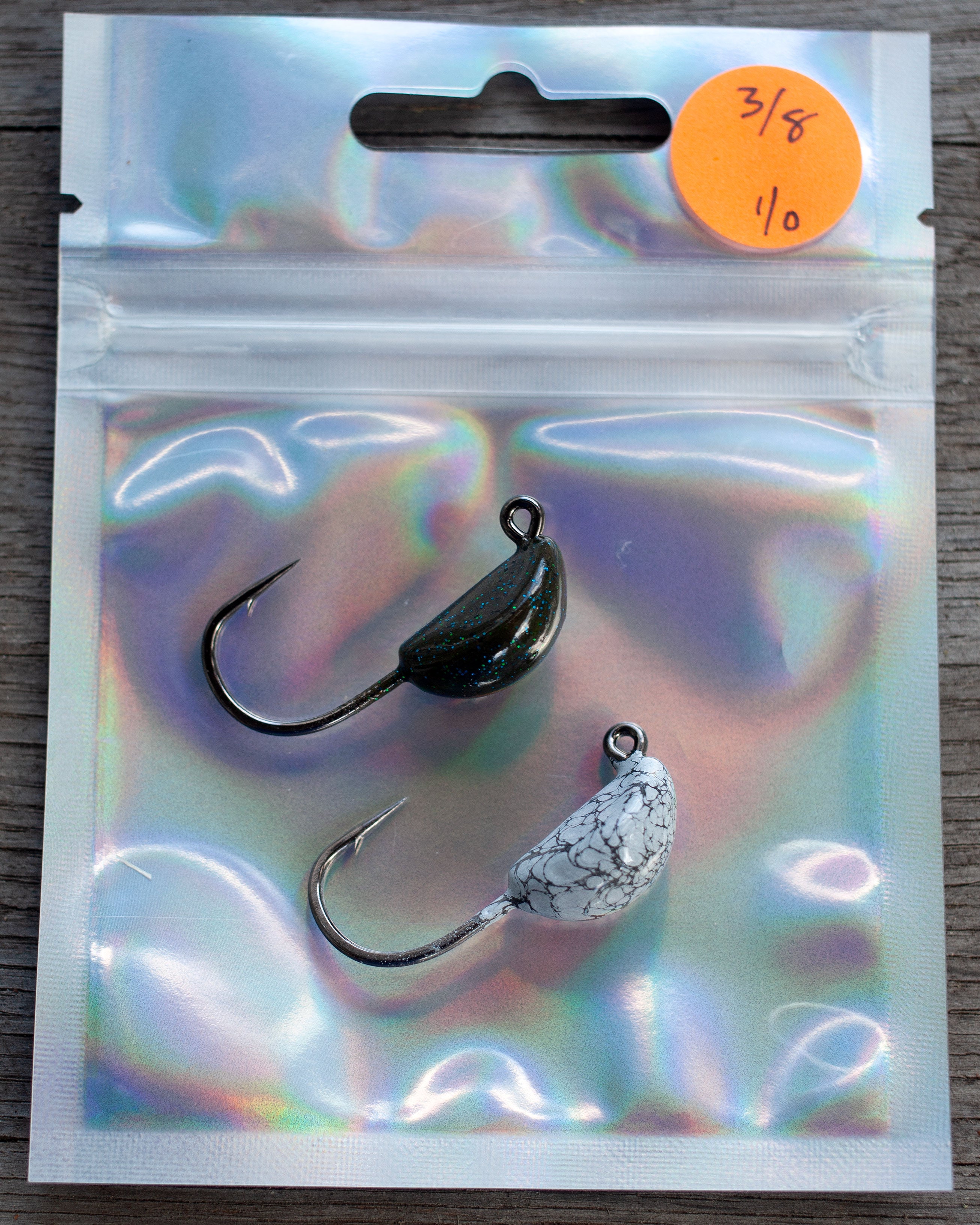 3/8 oz, 1/0 hook, white and black, brown and green flake sheepshead jigs - 2 pack
